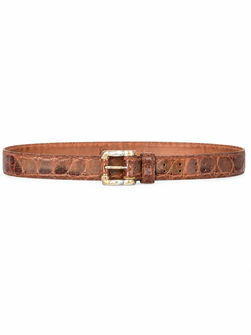 La Doppia Vita Brown Croc Embossed Leather Double Prong Belt
